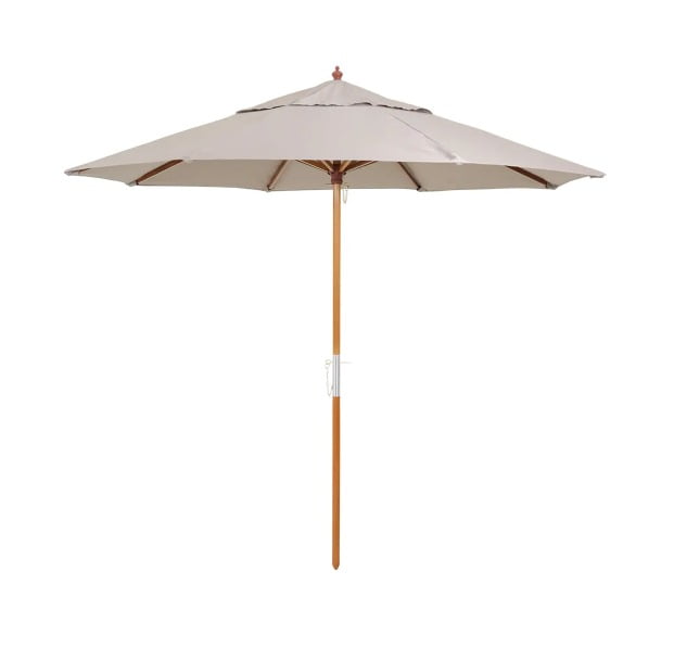 Ombrelone com estrutura em madeira e tecido poliéster com proteção UV. Ideal para áreas externas como jardins, varandas e espaços de lazer.