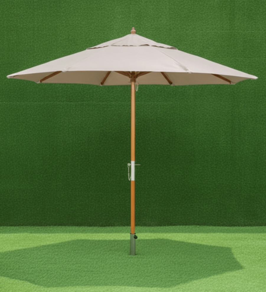 Ombrelone com estrutura em madeira e tecido poliéster com proteção UV. Ideal para áreas externas como jardins, varandas e espaços de lazer.