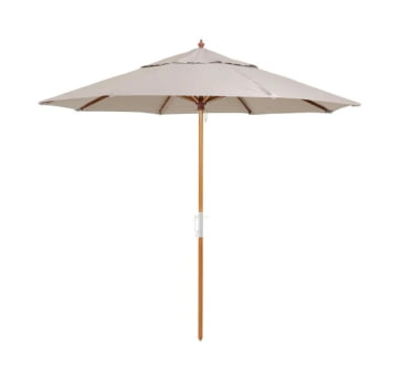 Ombrelone com estrutura em madeira e tecido poliéster com proteção UV. Ideal para áreas externas como jardins, varandas e espaços de lazer.